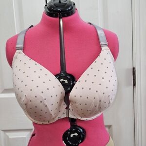 Cacique Front Closet Bra Sz 44F Pink Polka Dot Boost Plunge Lace Strappy Back